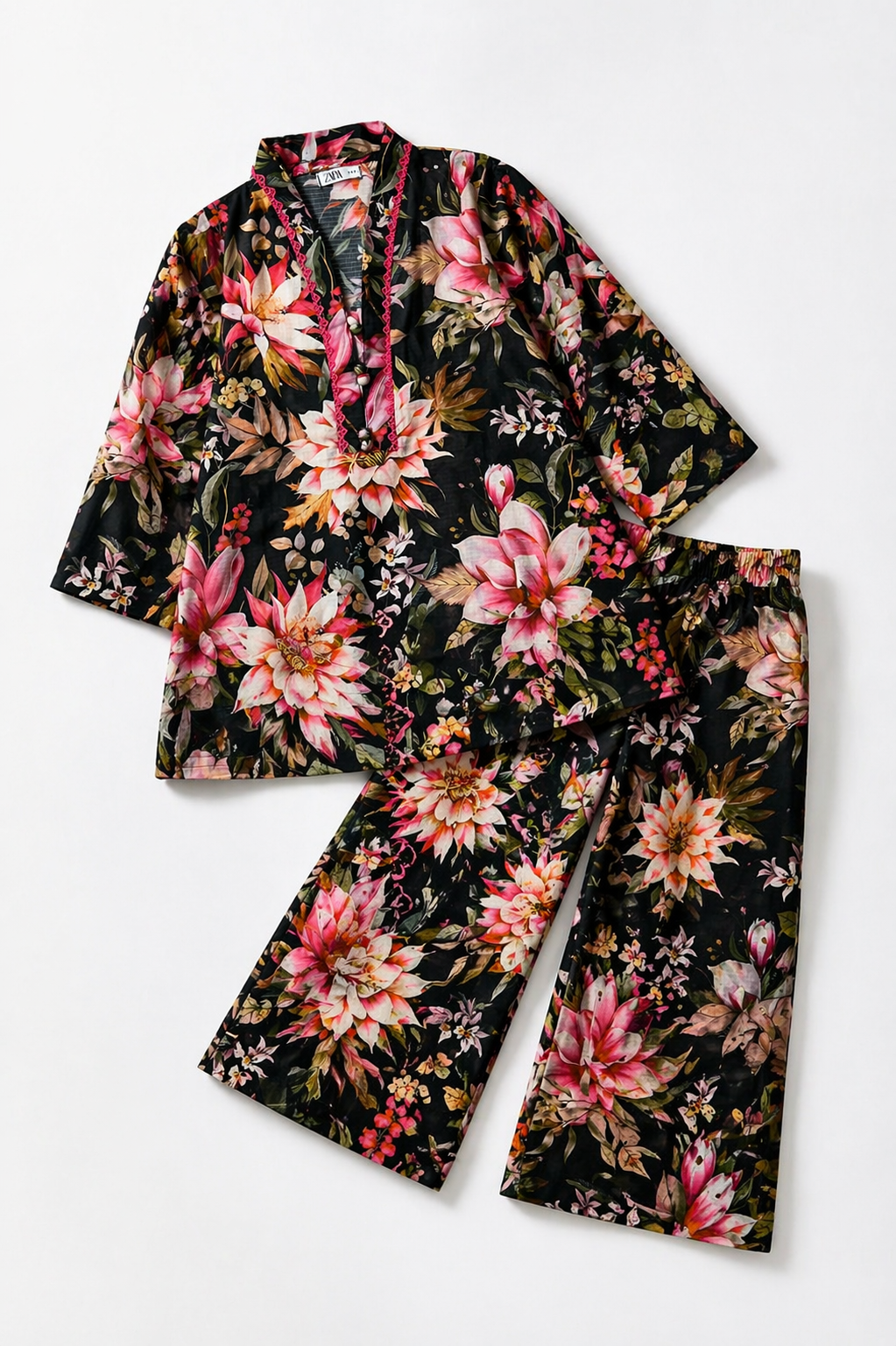 Black Floral (2-Pcs) Cotton Suit For Girls