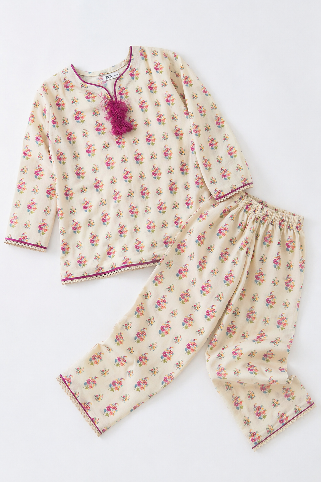 Off-White Floral (2-Pcs) Cotton Suit For Girls