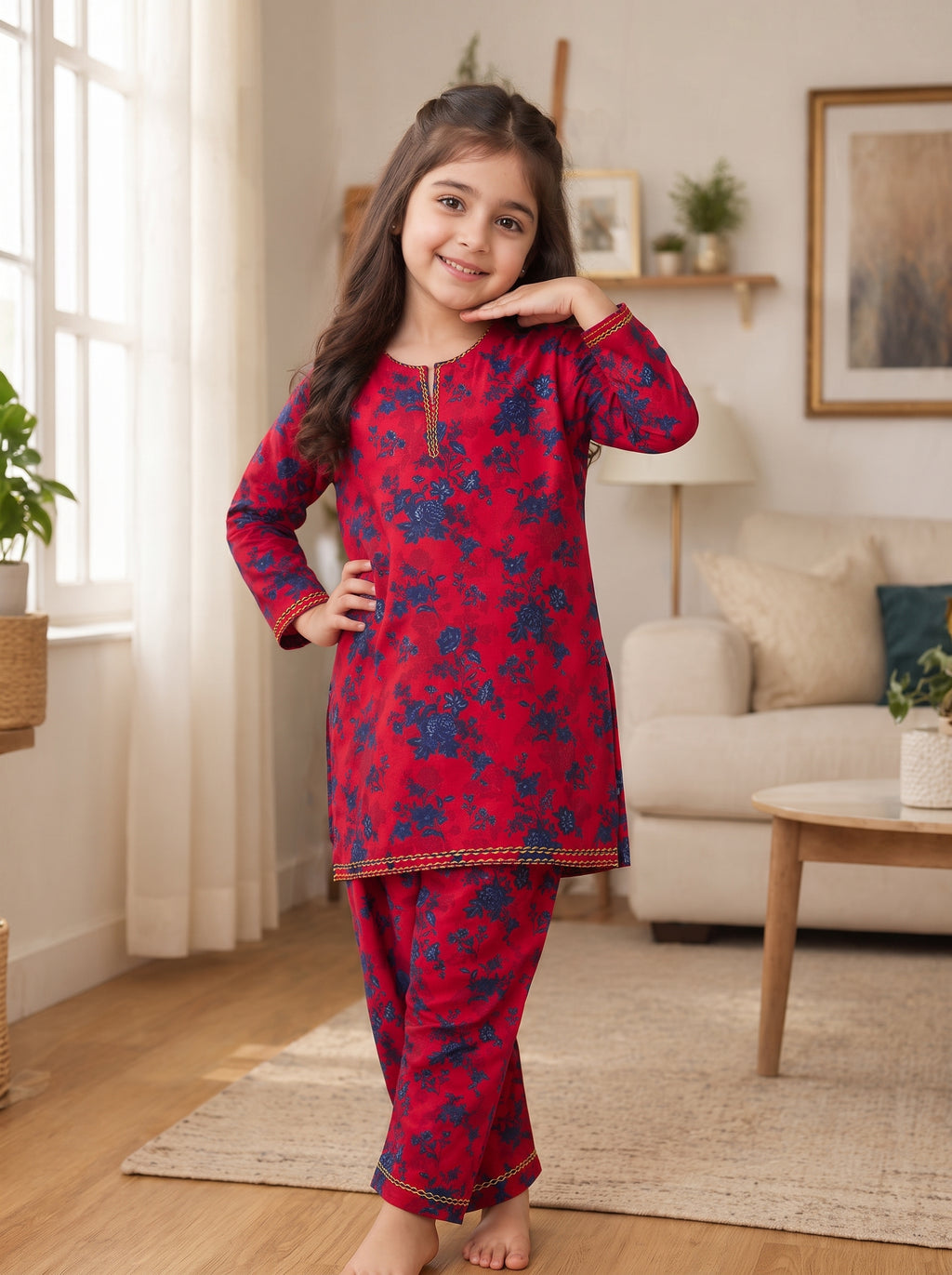 Red Floral (2-Pcs) Cotton Suit For Girls