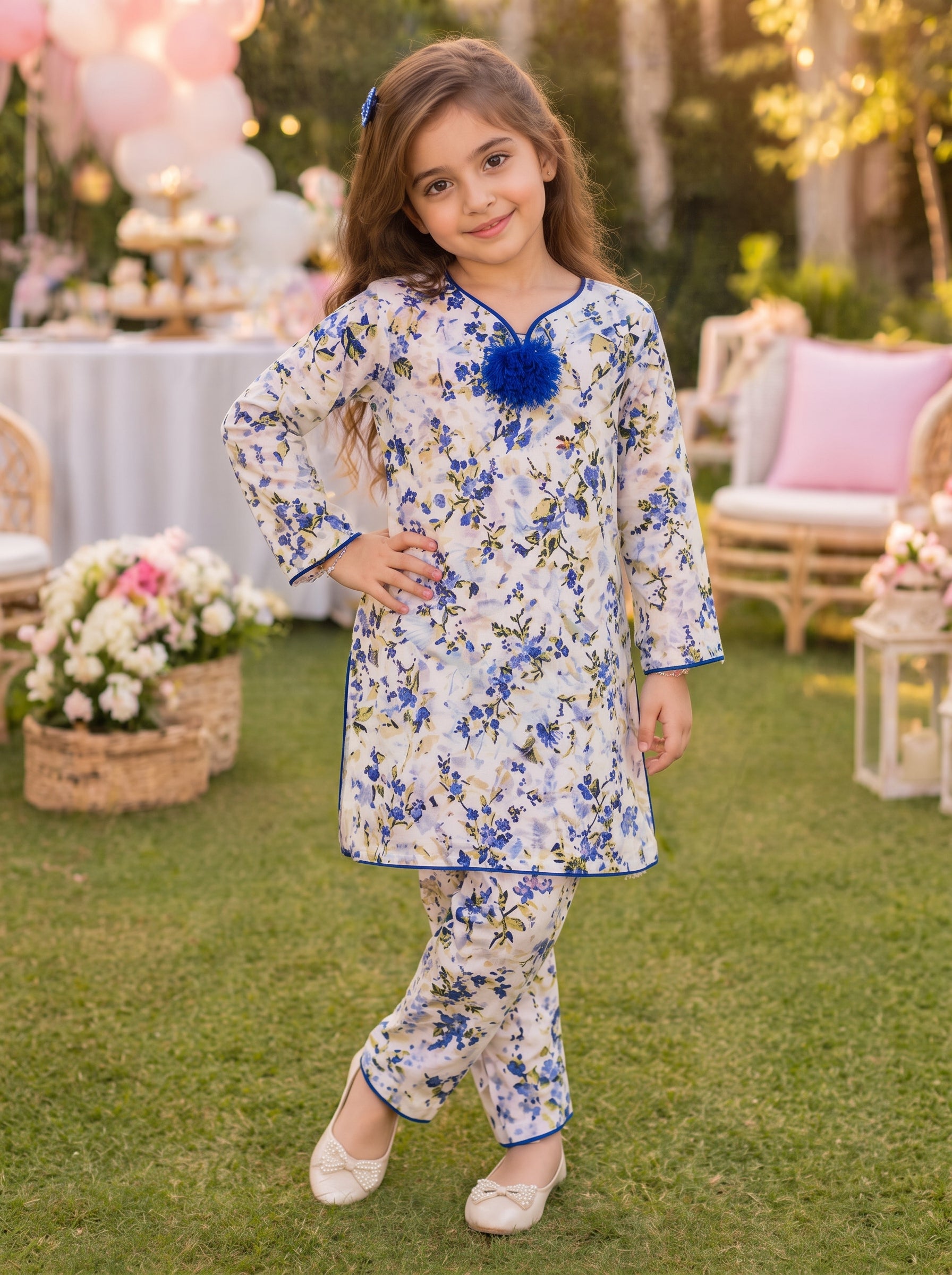 White Floral (2-Pcs) Cotton Suit For Girls