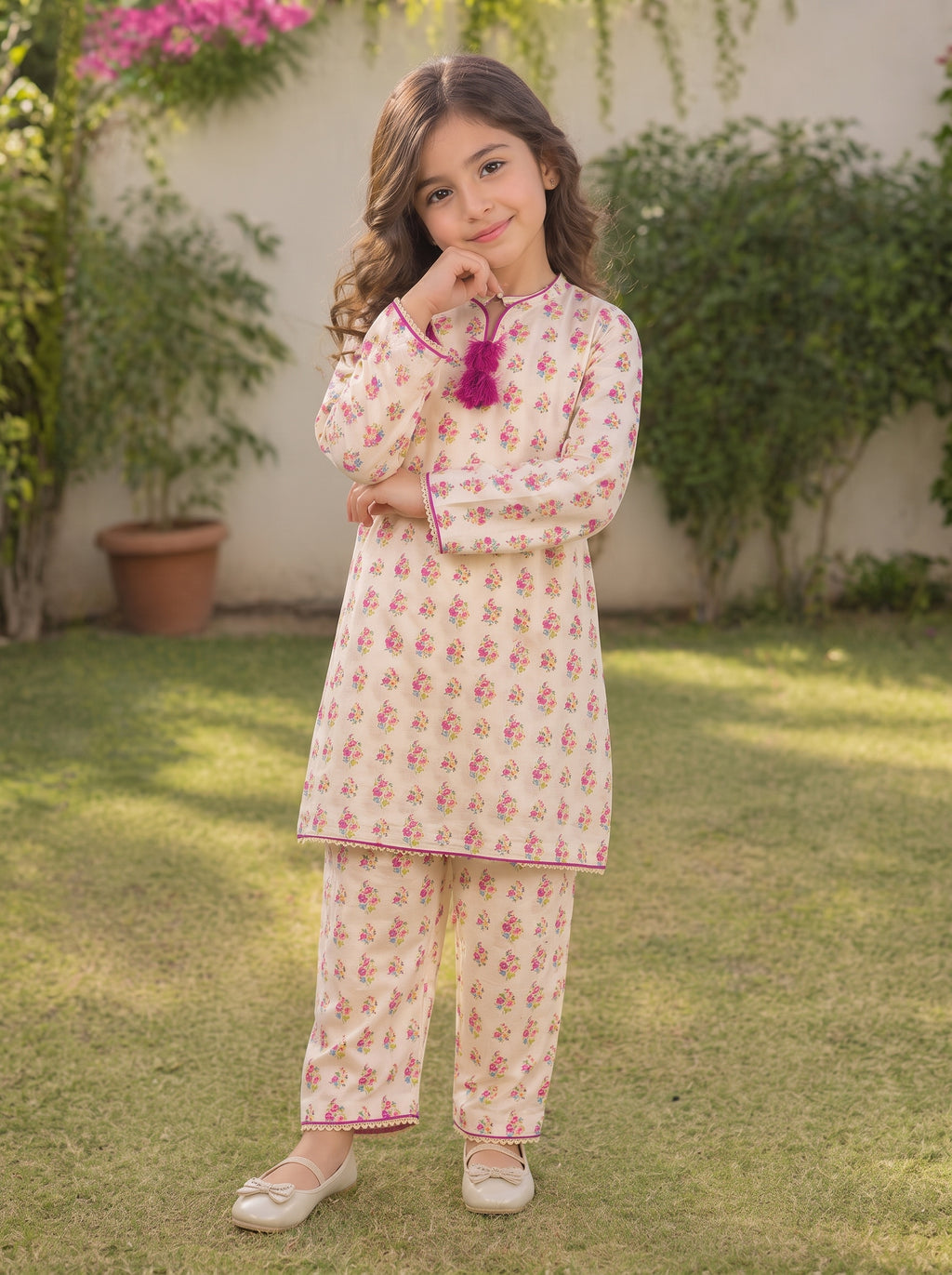 Off-White Floral (2-Pcs) Cotton Suit For Girls