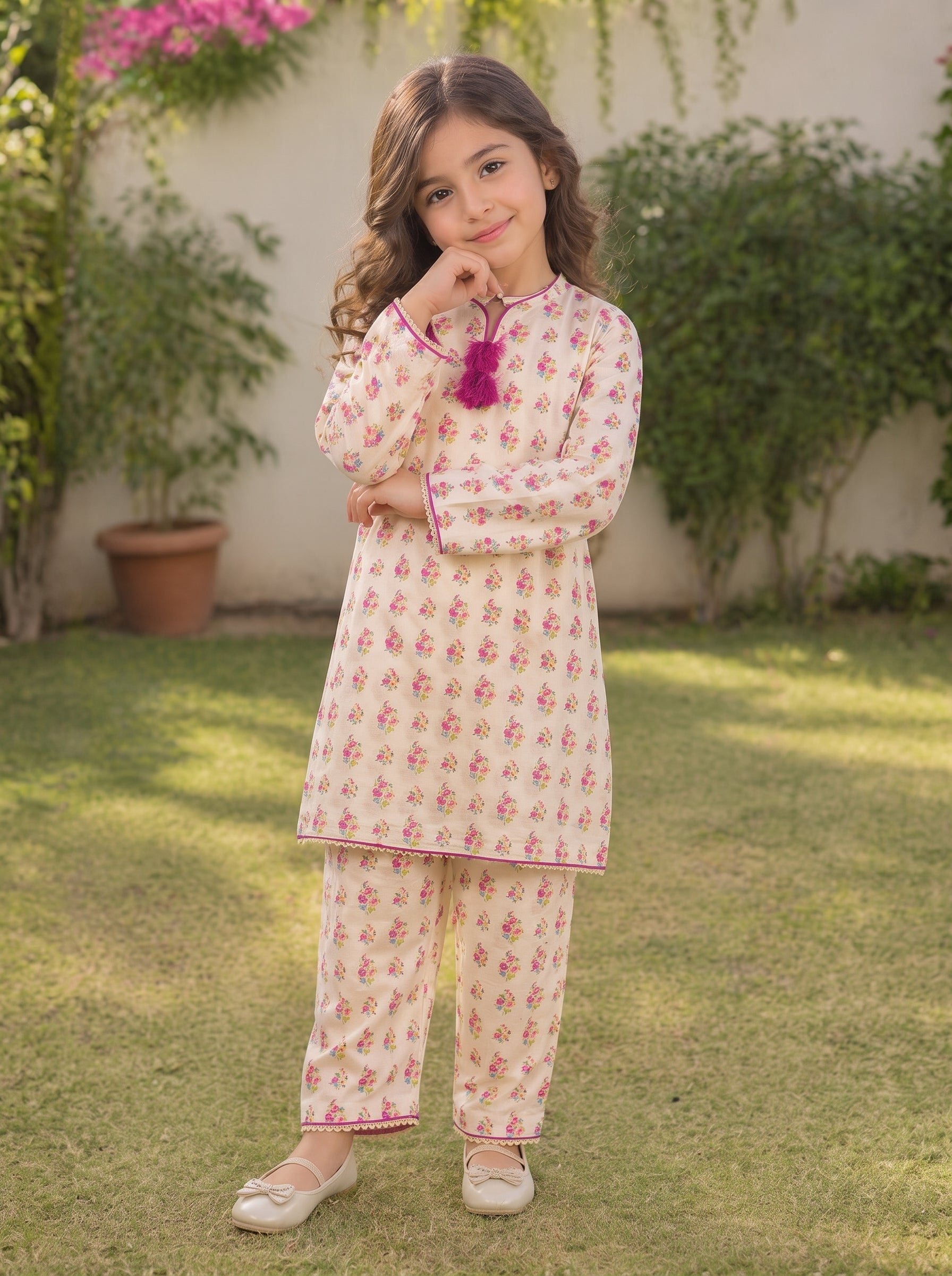 Off-White Floral (2-Pcs) Cotton Suit For Girls