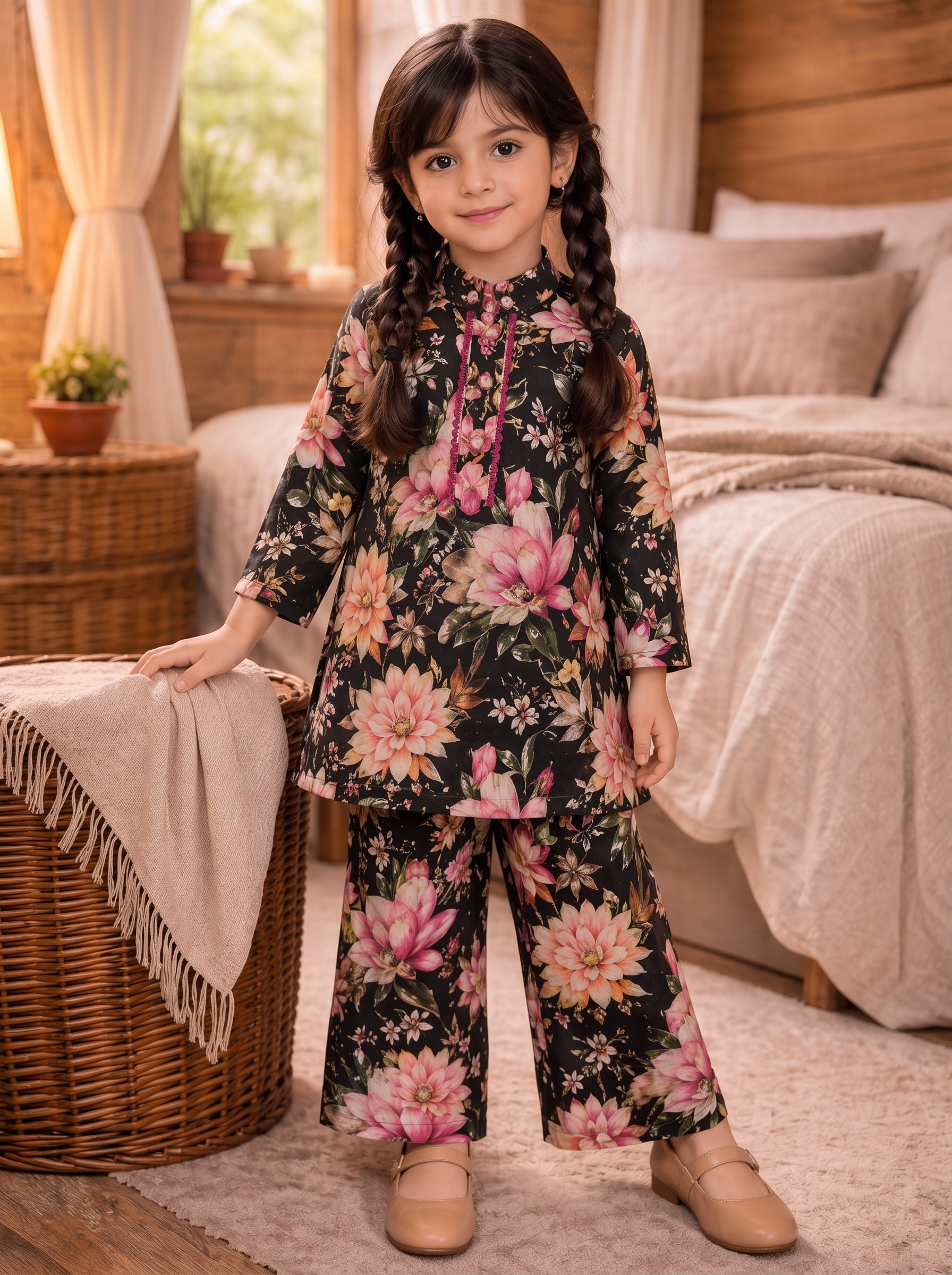 Black Floral (2-Pcs) Cotton Suit For Girls