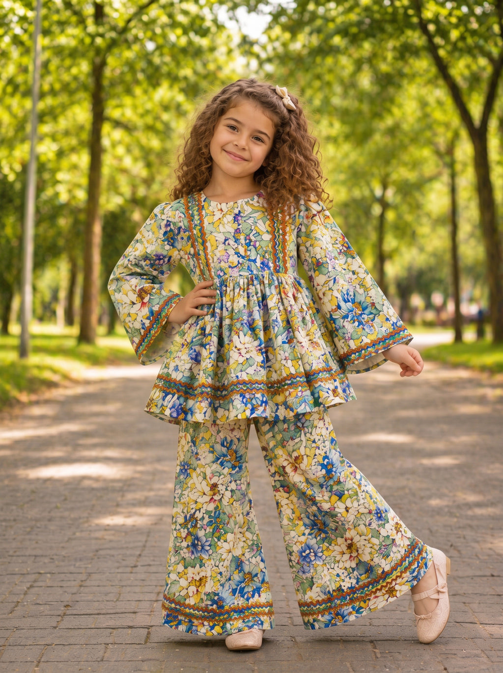 Beige Floral (2-Pcs) Cotton Frock For Girls