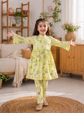 Light Pistachio Floral (2-Pcs) Cotton Frock For Girls