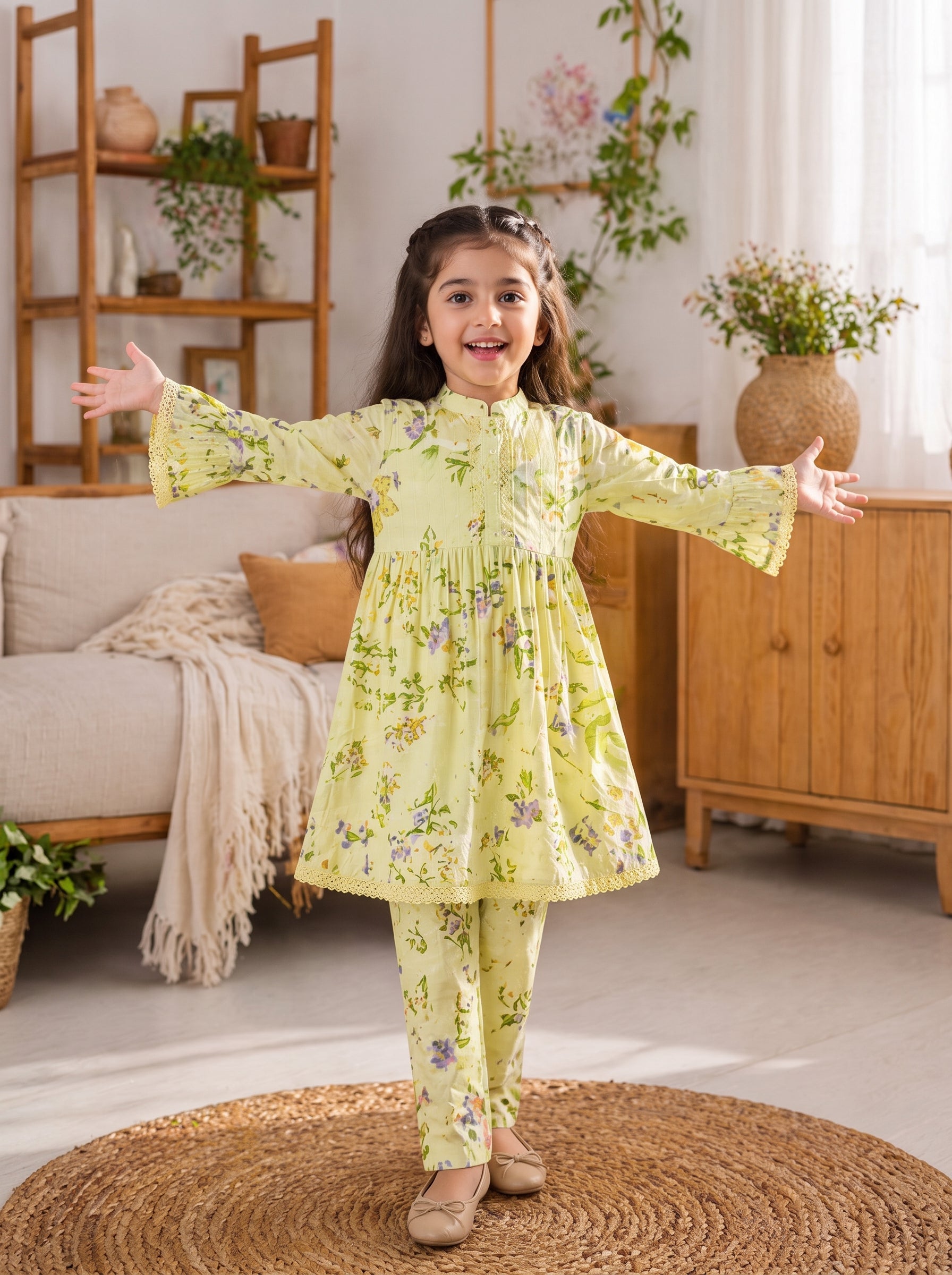 Light Pistachio Floral (2-Pcs) Cotton Frock For Girls
