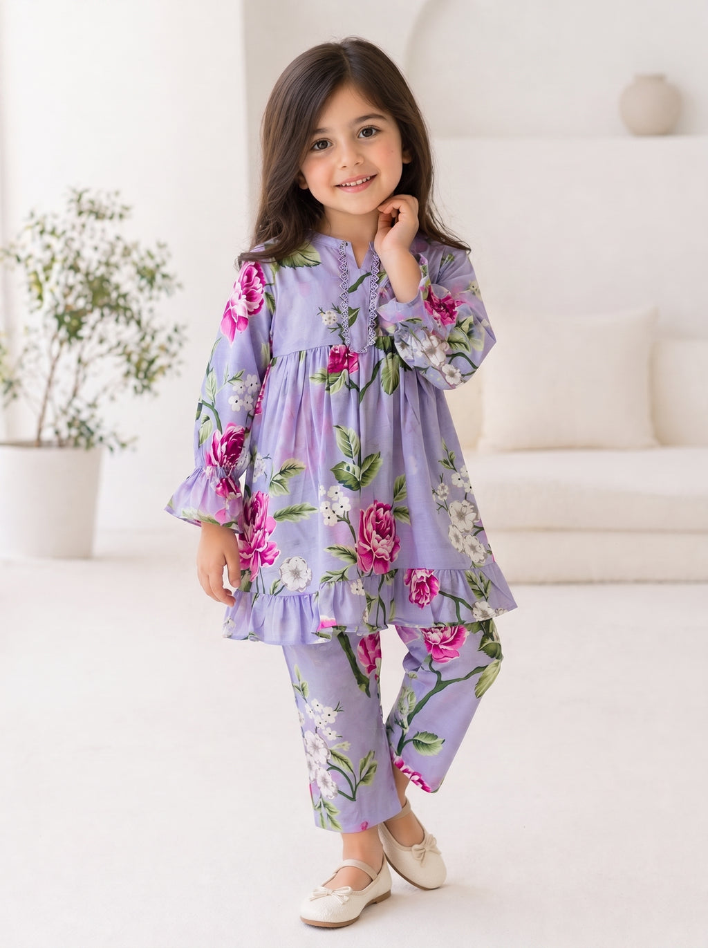 Lilac Floral (2-Pcs) Cotton Frock For Girls