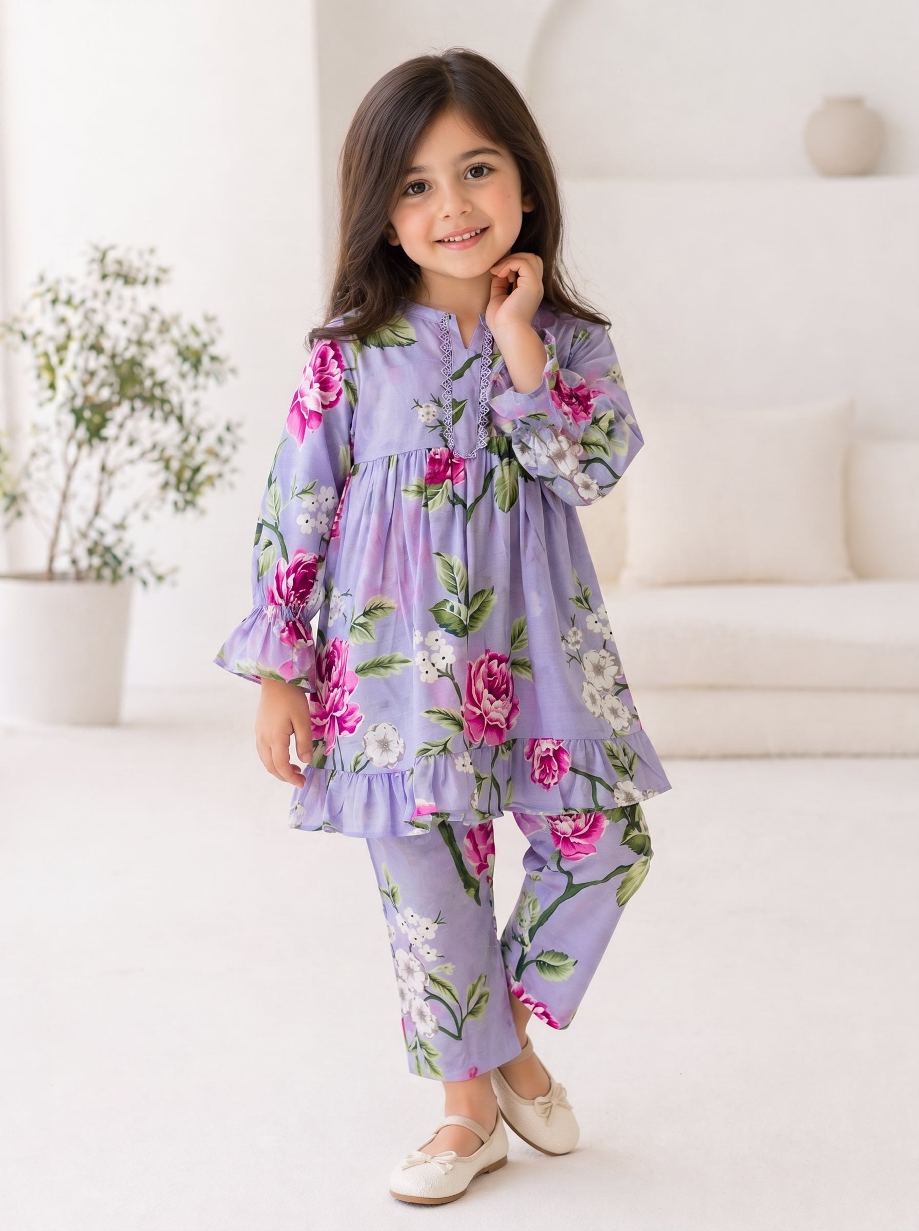 Lilac Floral (2-Pcs) Cotton Frock For Girls