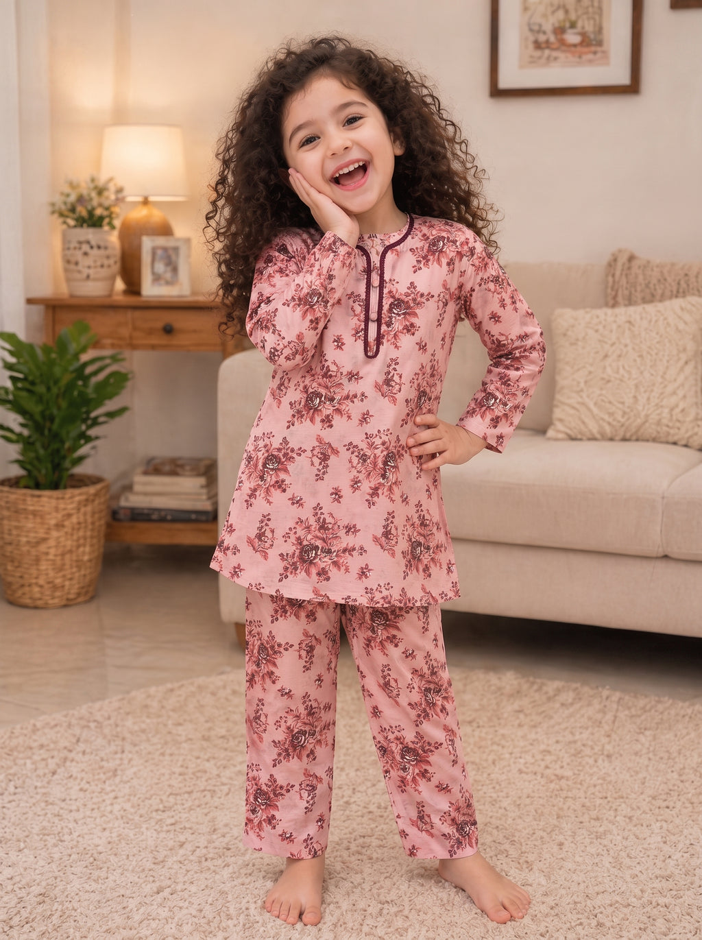 Rose Pink Floral (2-Pcs) Cotton Suit For Girls