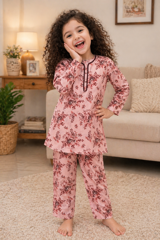 Rose Pink Floral (2-Pcs) Cotton Suit For Girls