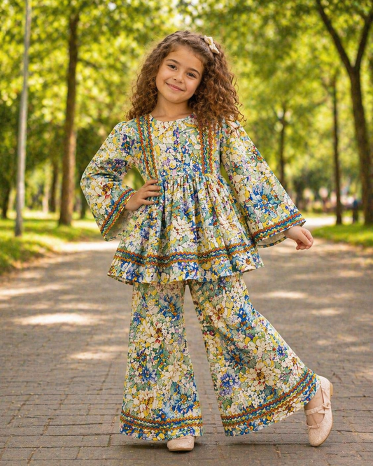 Beige Floral (2-Pcs) Cotton Frock For Girls