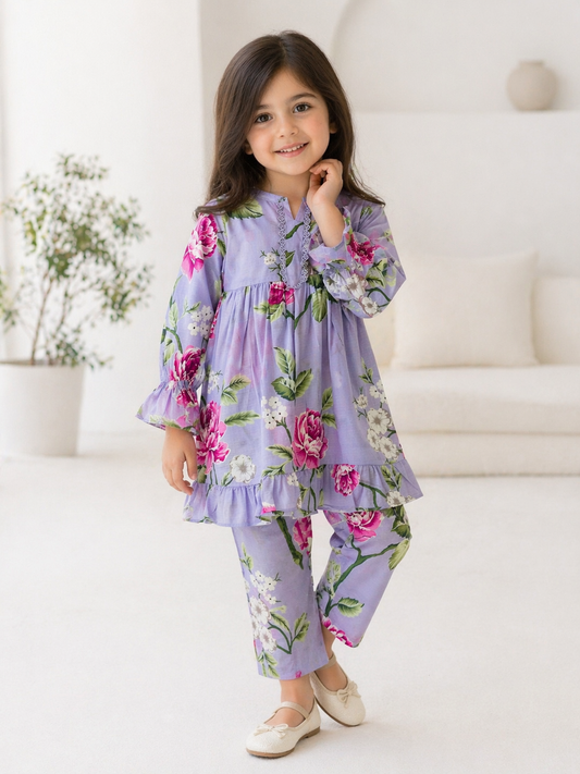 Lilac Floral (2-Pcs) Cotton Frock For Girls