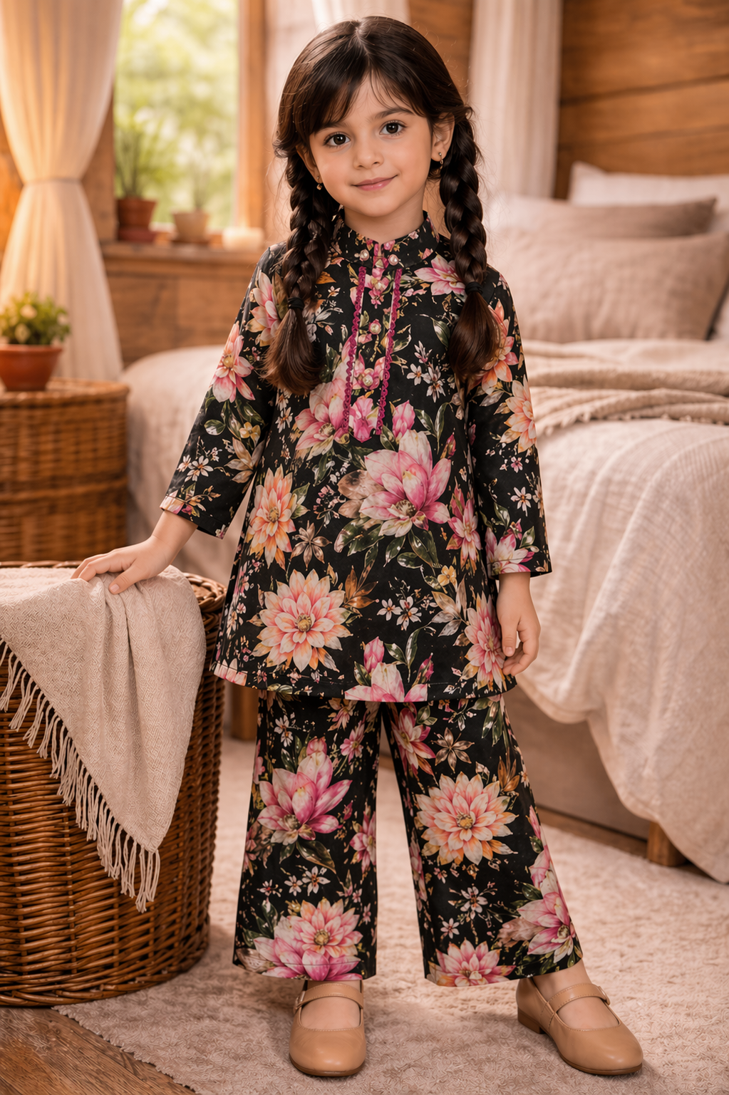 Black Floral (2-Pcs) Cotton Suit For Girls