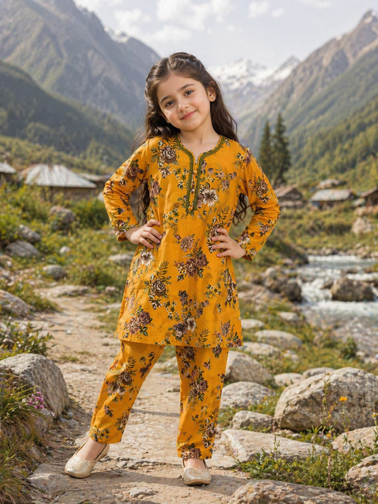 Mustard Orange Floral (2-Pcs) Cotton Suit For Girls