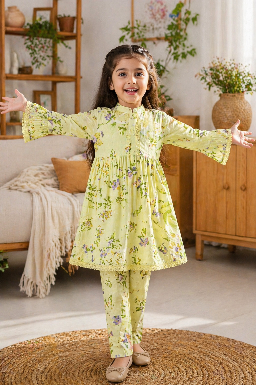Light Pistachio Floral (2-Pcs) Cotton Frock For Girls