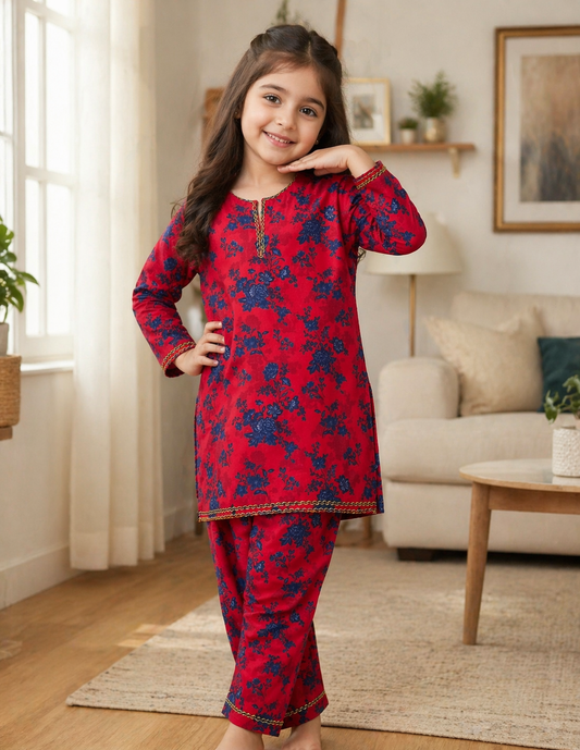 Red Floral (2-Pcs) Cotton Suit For Girls