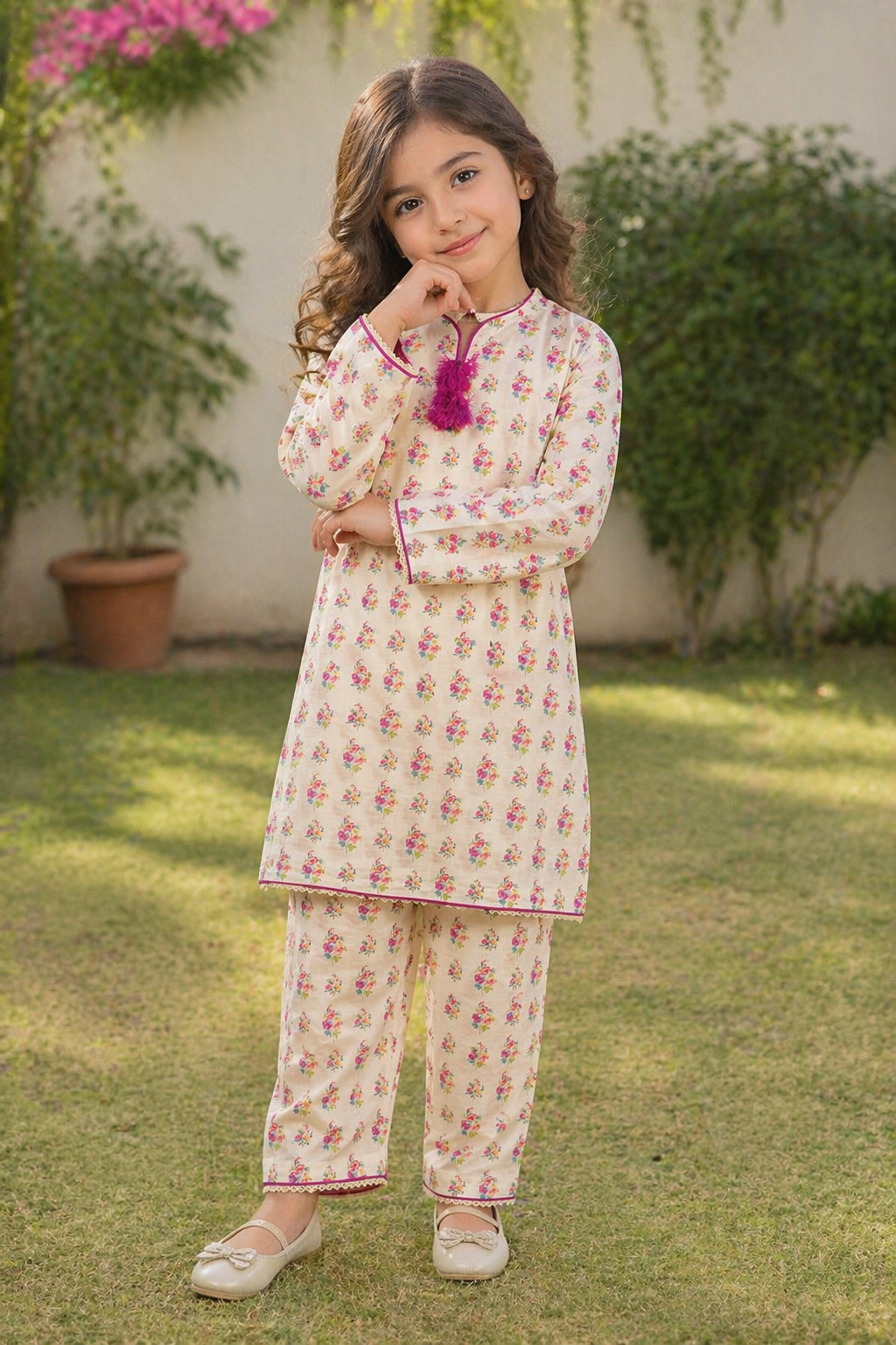 Off-White Floral (2-Pcs) Cotton Suit For Girls
