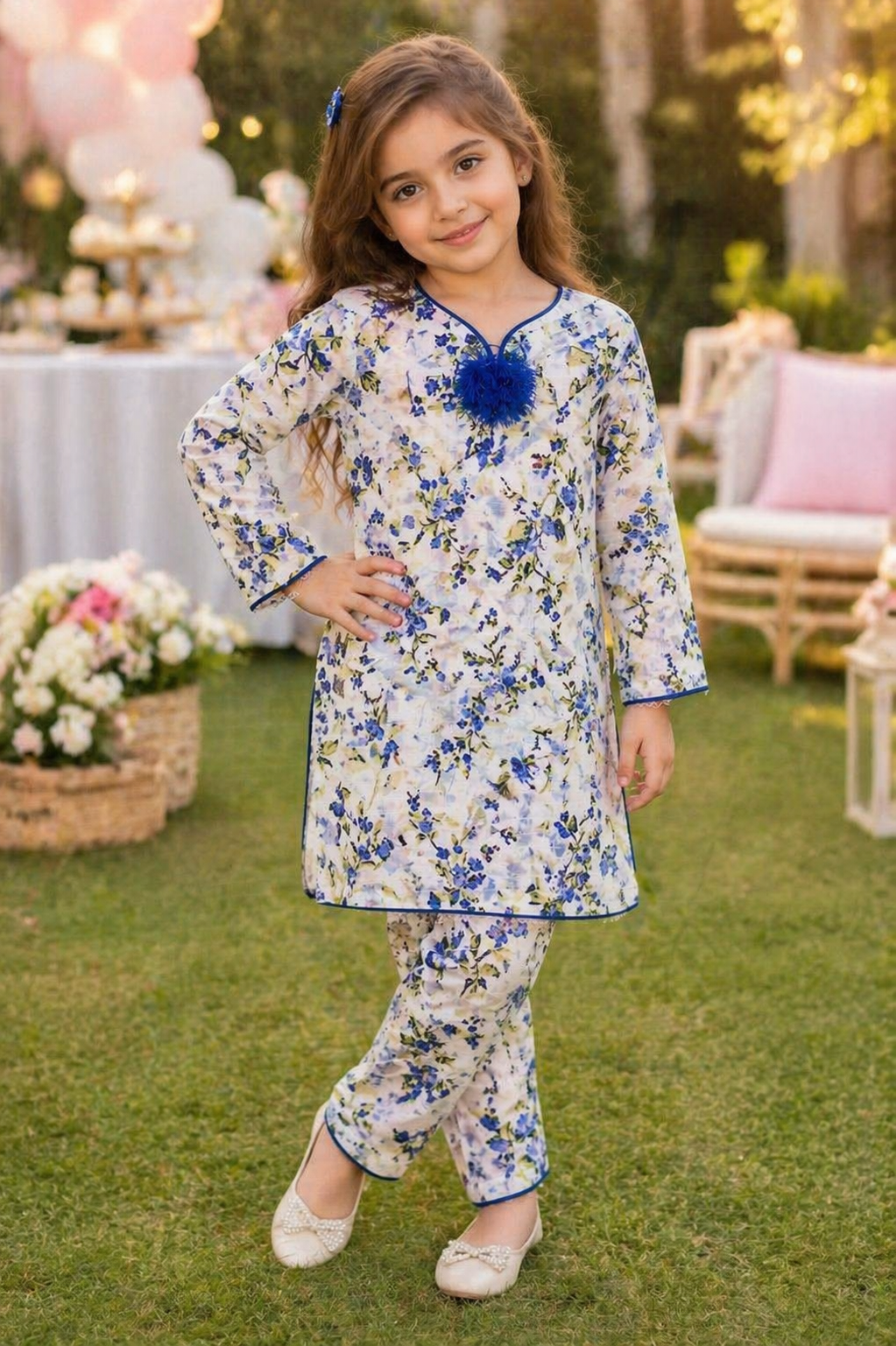 White Floral (2-Pcs) Cotton Suit For Girls