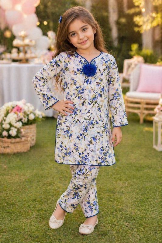 White Floral (2-Pcs) Cotton Suit For Girls
