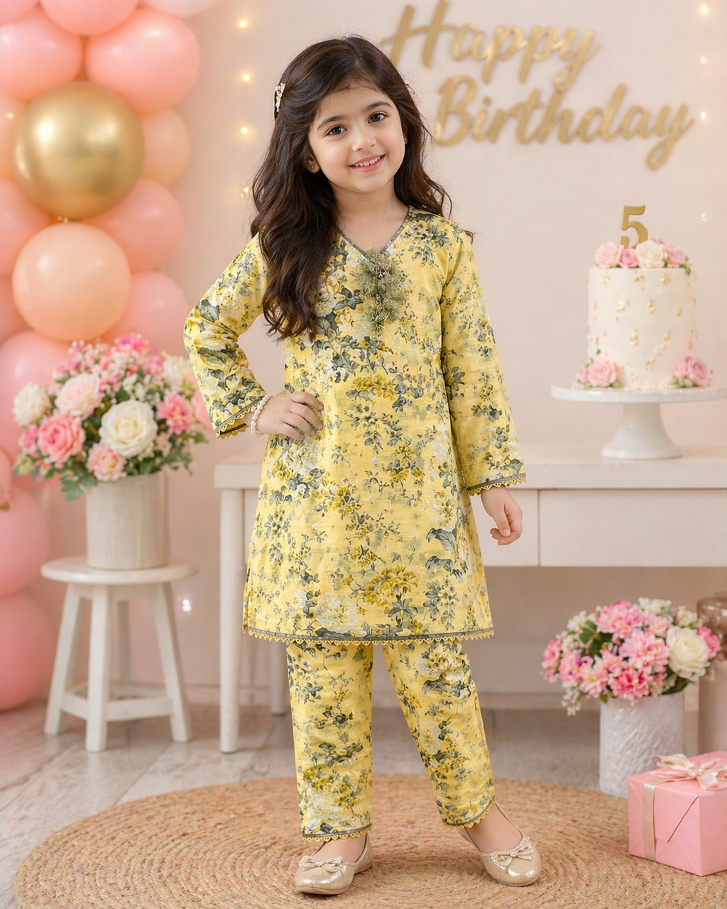 Light Yellow Floral (2-Pcs) Cotton Suit For Girls