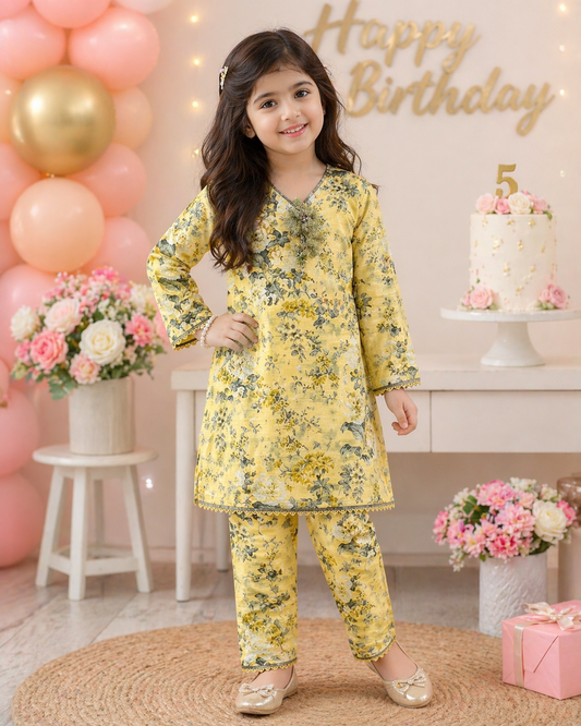 Light Yellow Floral (2-Pcs) Cotton Suit For Girls