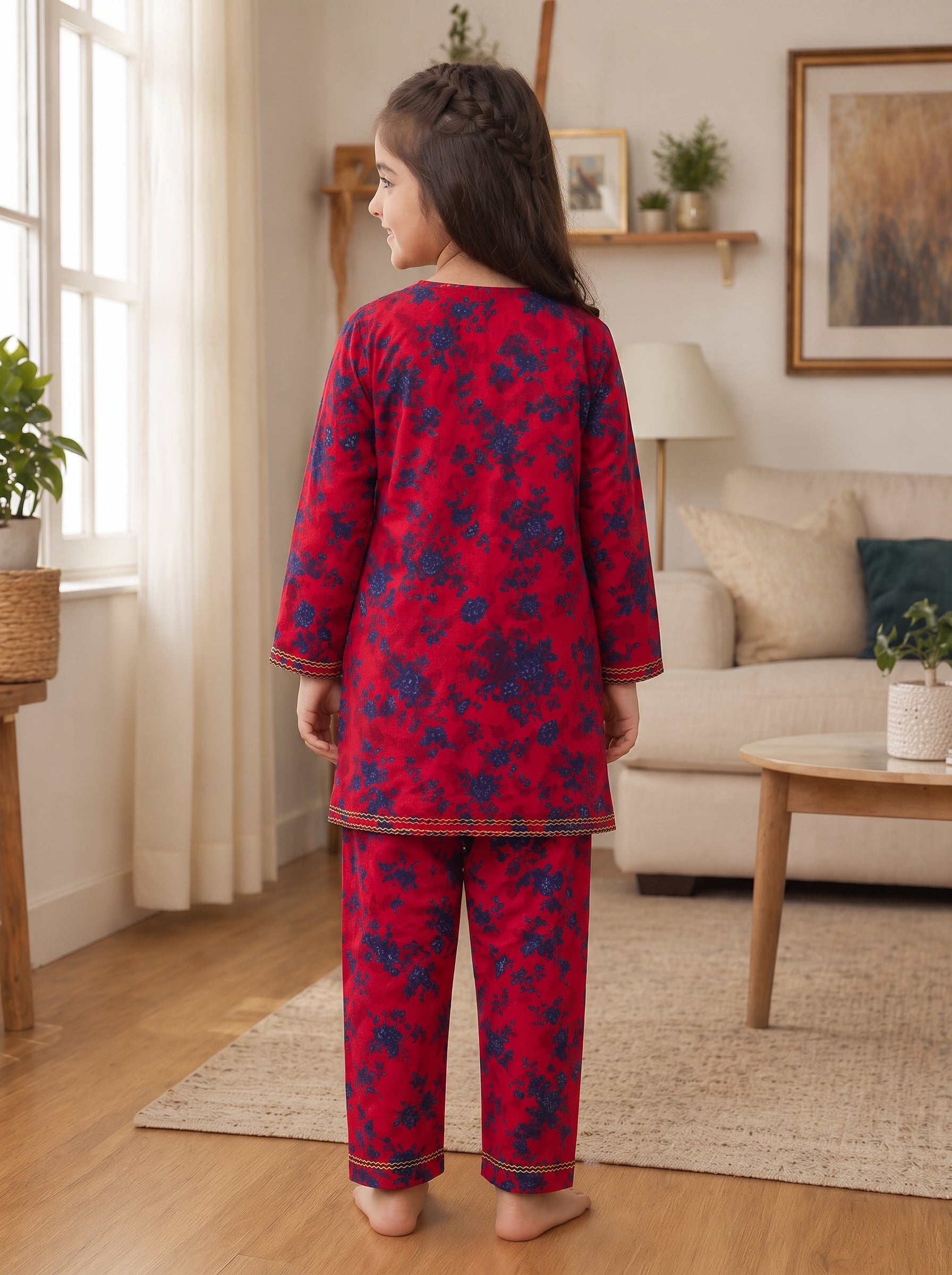 Red Floral (2-Pcs) Cotton Suit For Girls