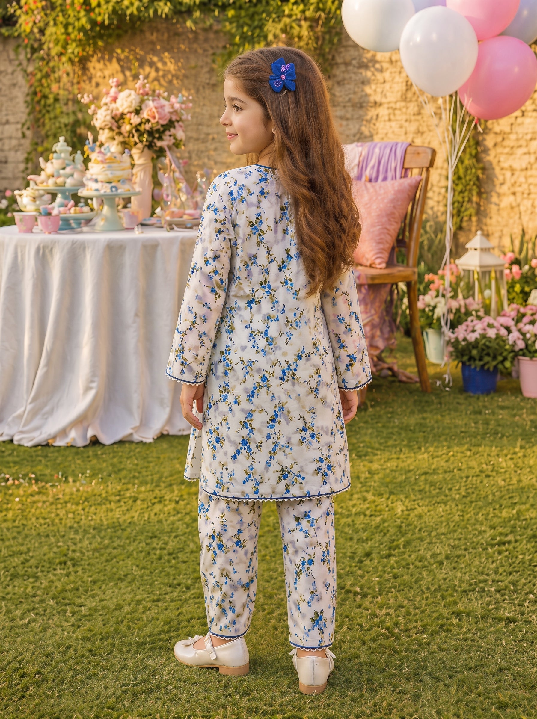 White Floral (2-Pcs) Cotton Suit For Girls