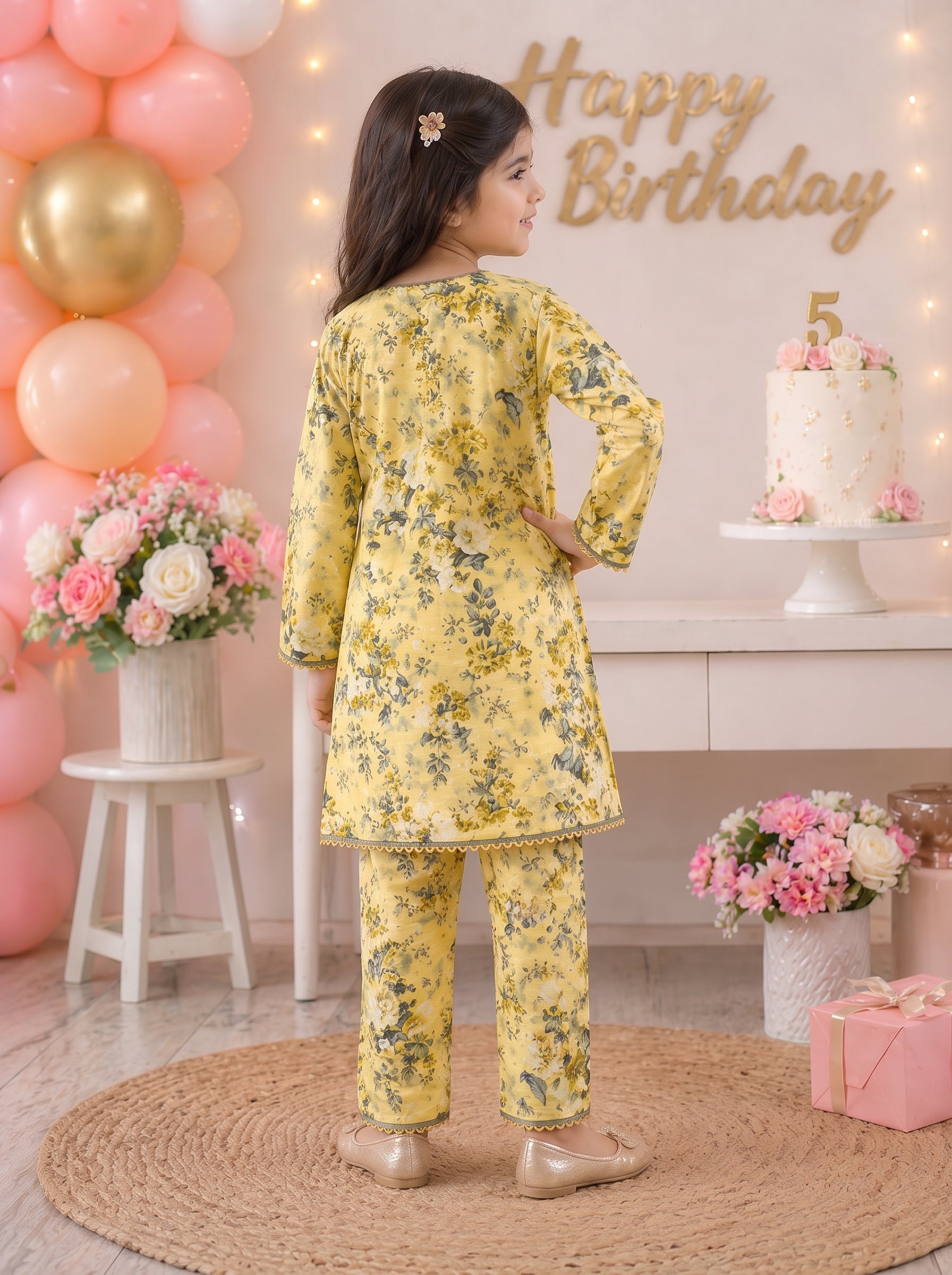 Light Yellow Floral (2-Pcs) Cotton Suit For Girls