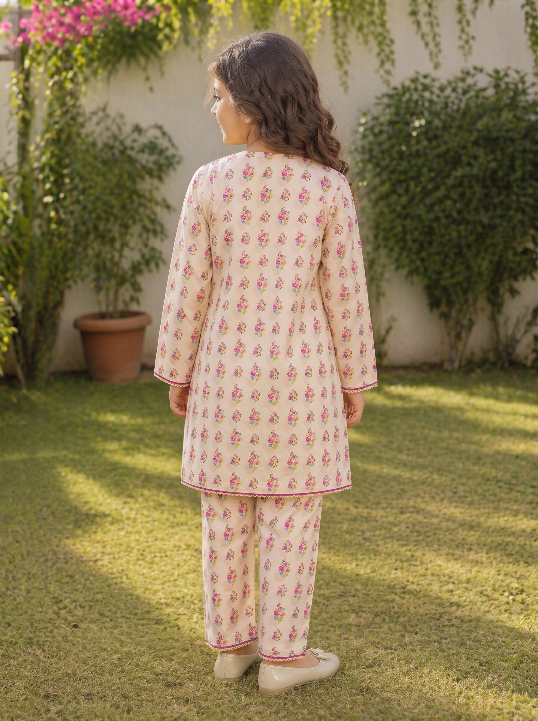 Off-White Floral (2-Pcs) Cotton Suit For Girls