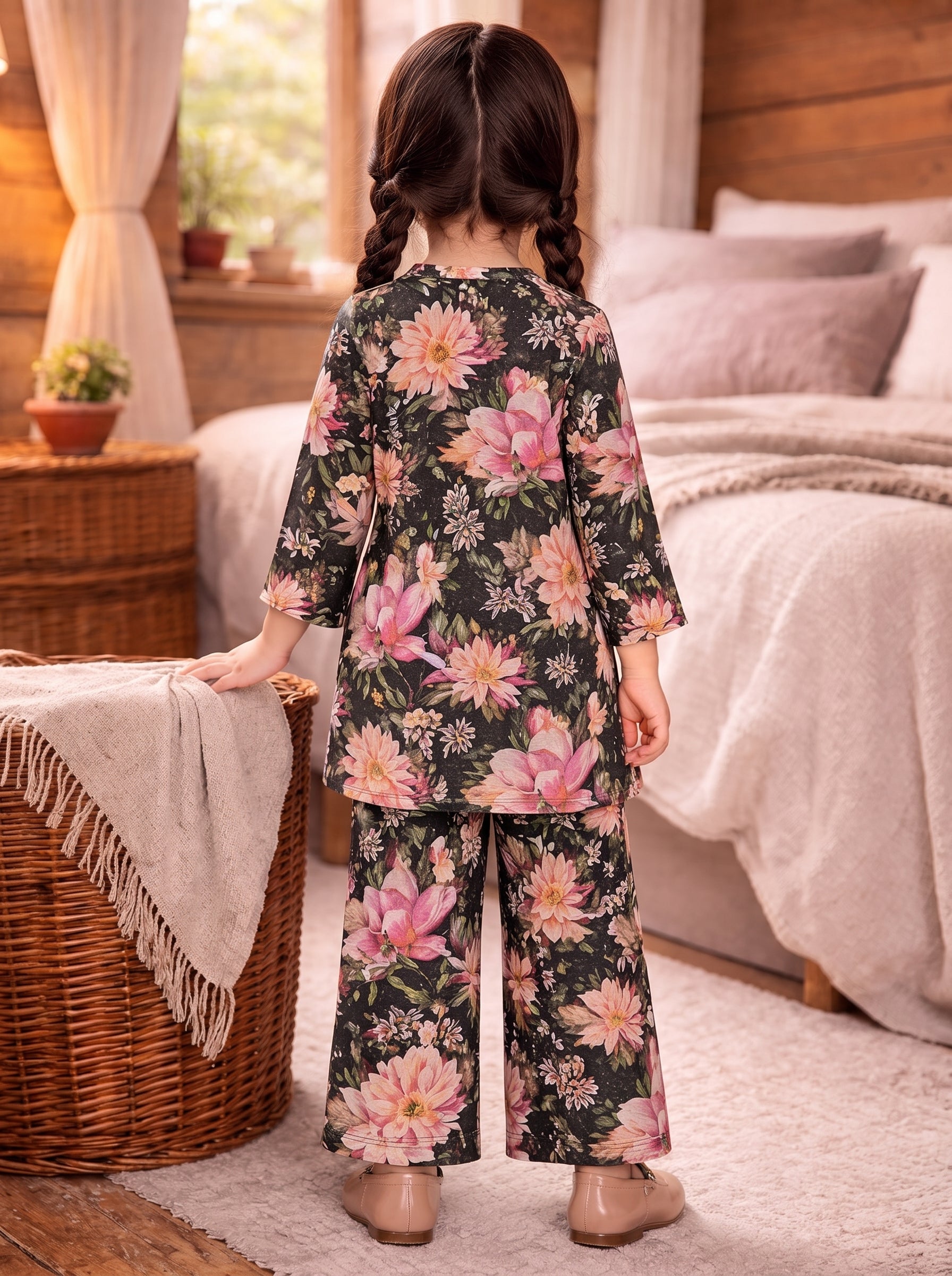 Black Floral (2-Pcs) Cotton Suit For Girls