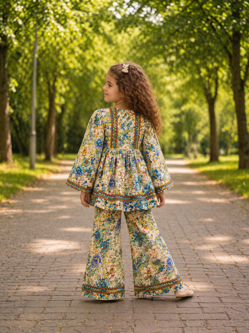 Beige Floral (2-Pcs) Cotton Frock For Girls