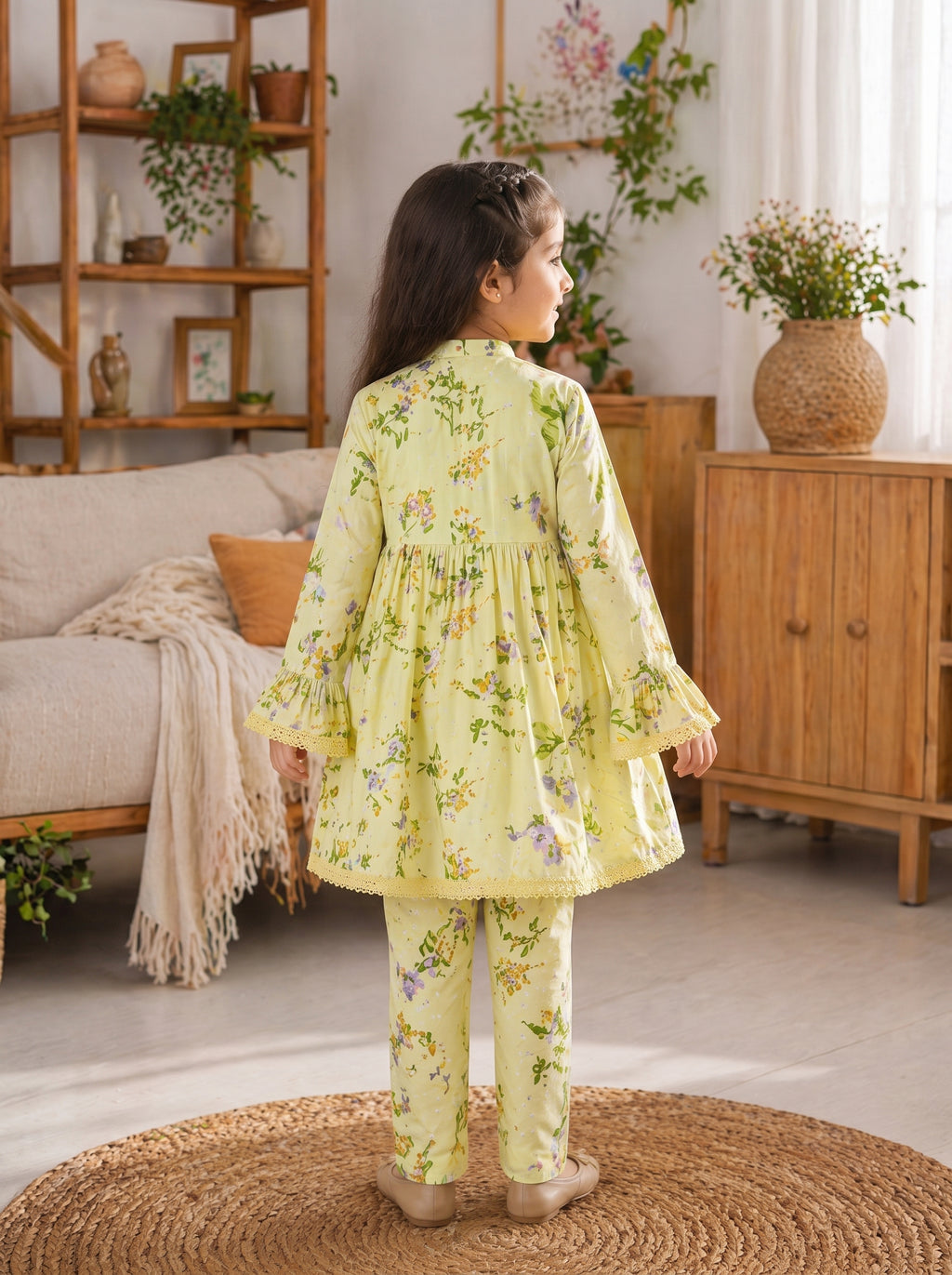 Light Pistachio Floral (2-Pcs) Cotton Frock For Girls
