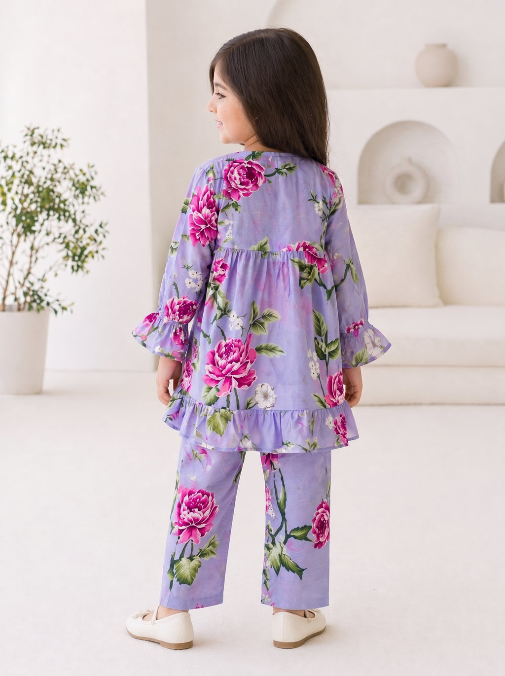 Lilac Floral (2-Pcs) Cotton Frock For Girls