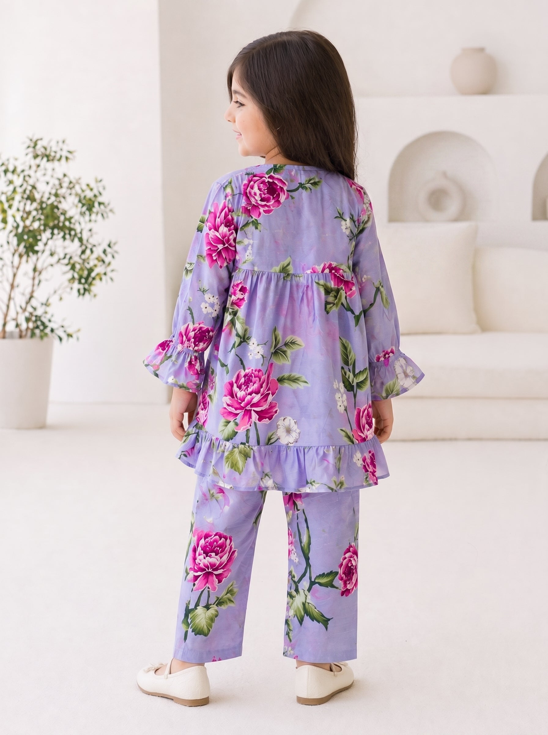 Lilac Floral (2-Pcs) Cotton Frock For Girls