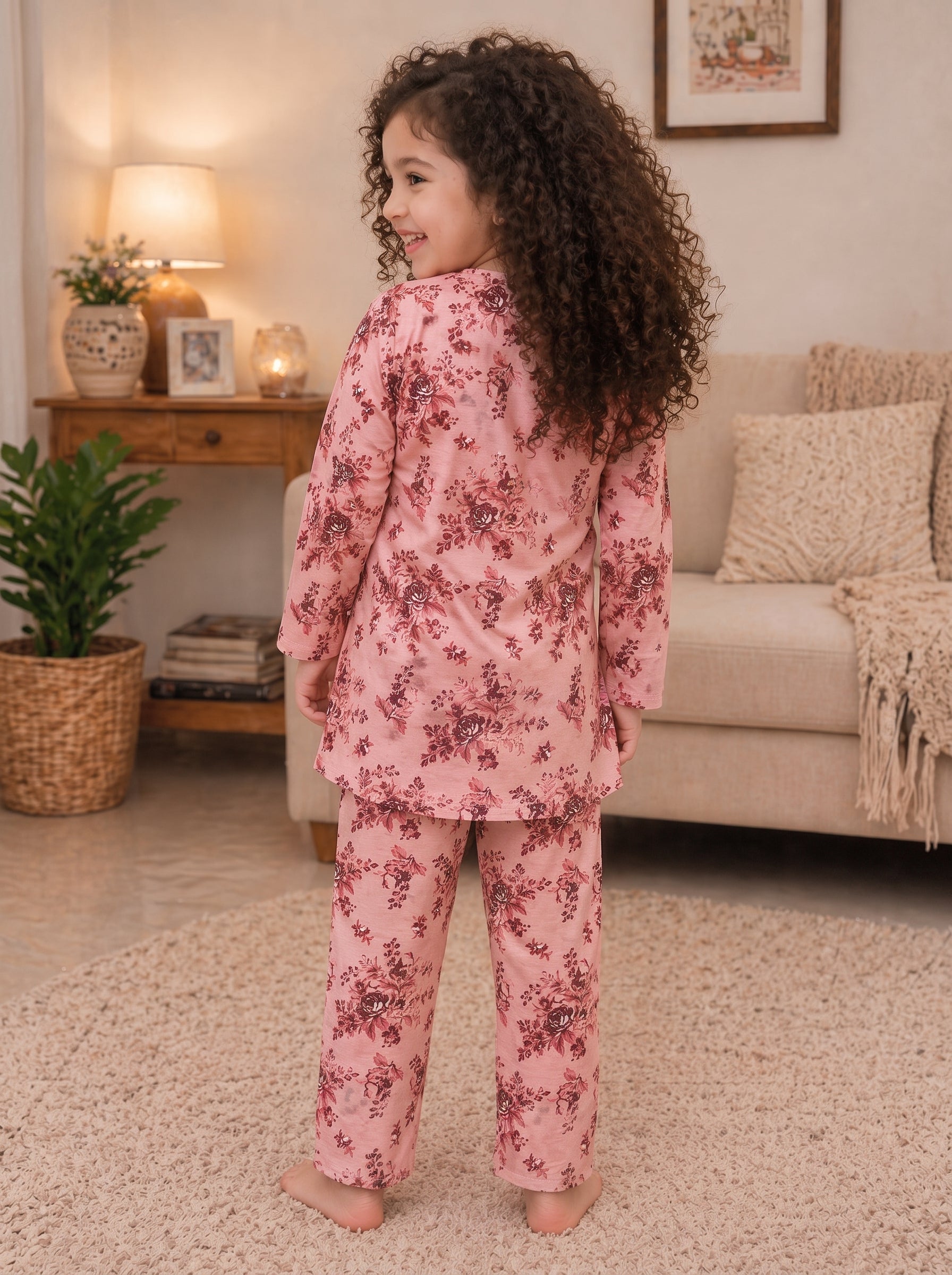 Rose Pink Floral (2-Pcs) Cotton Suit For Girls