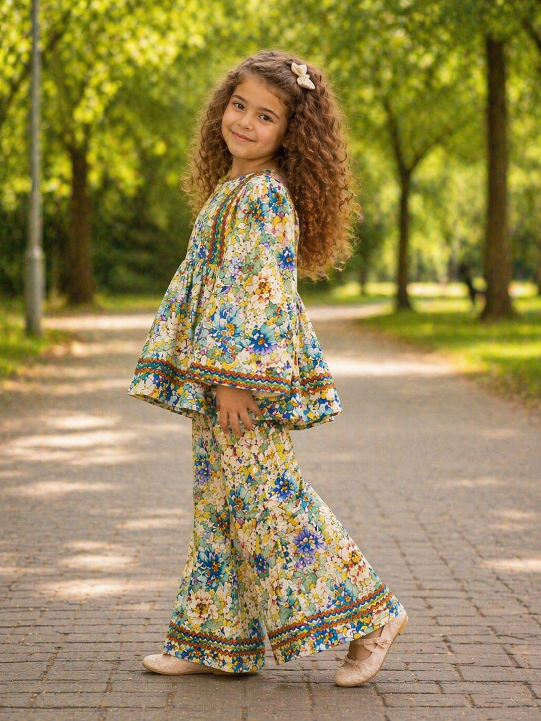 Beige Floral (2-Pcs) Cotton Frock For Girls
