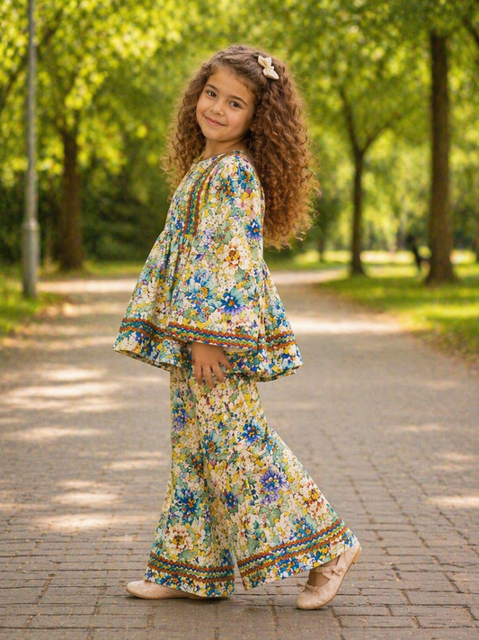 Beige Floral (2-Pcs) Cotton Frock For Girls