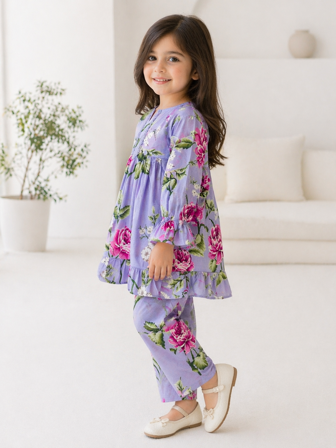 Lilac Floral (2-Pcs) Cotton Frock For Girls