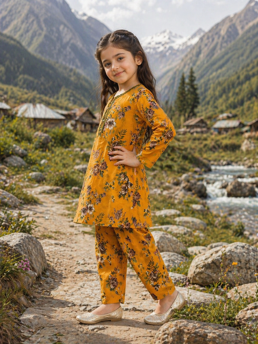 Mustard Orange Floral (2-Pcs) Cotton Suit For Girls