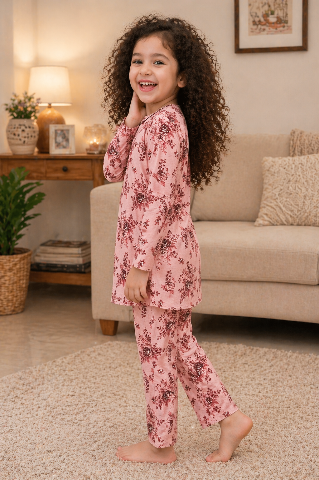 Rose Pink Floral (2-Pcs) Cotton Suit For Girls