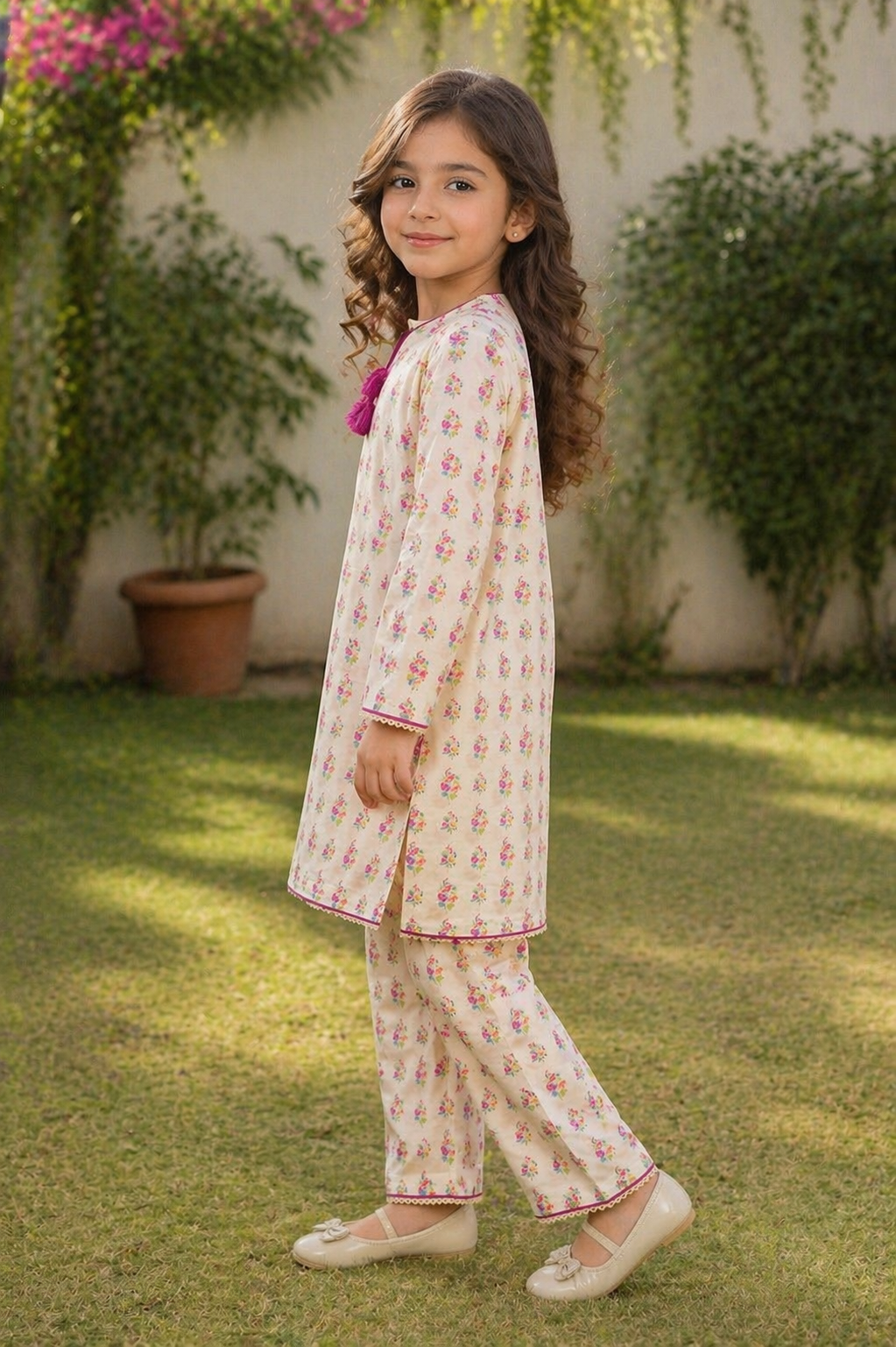 Off-White Floral (2-Pcs) Cotton Suit For Girls
