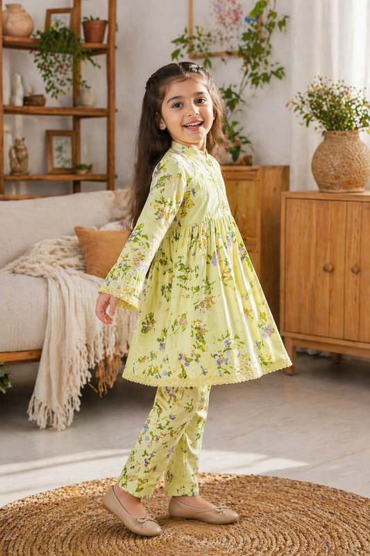 Light Pistachio Floral (2-Pcs) Cotton Frock For Girls