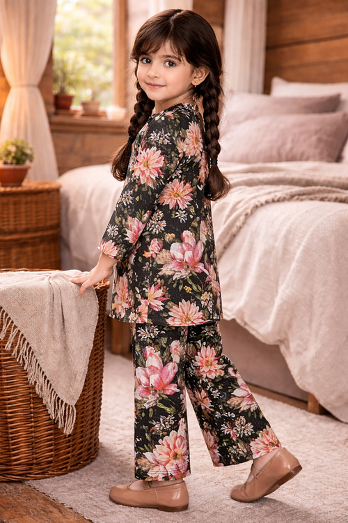 Black Floral (2-Pcs) Cotton Suit For Girls