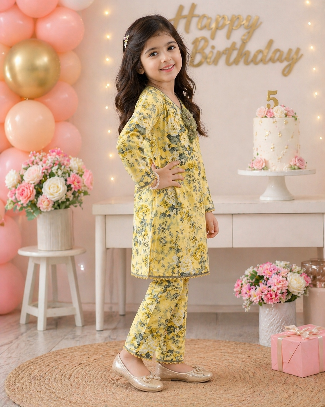 Light Yellow Floral (2-Pcs) Cotton Suit For Girls