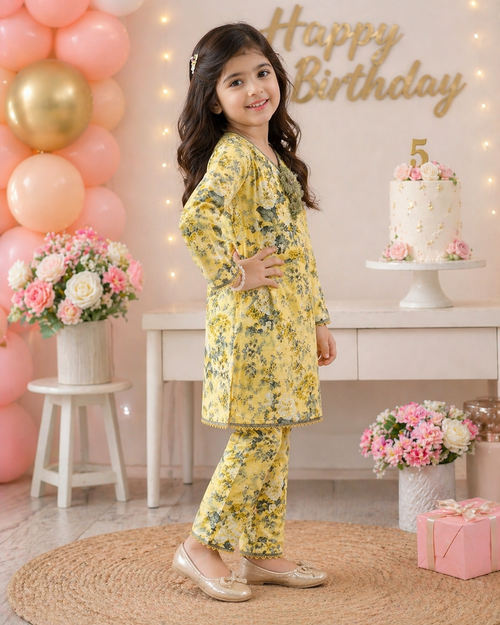 Light Yellow Floral (2-Pcs) Cotton Suit For Girls