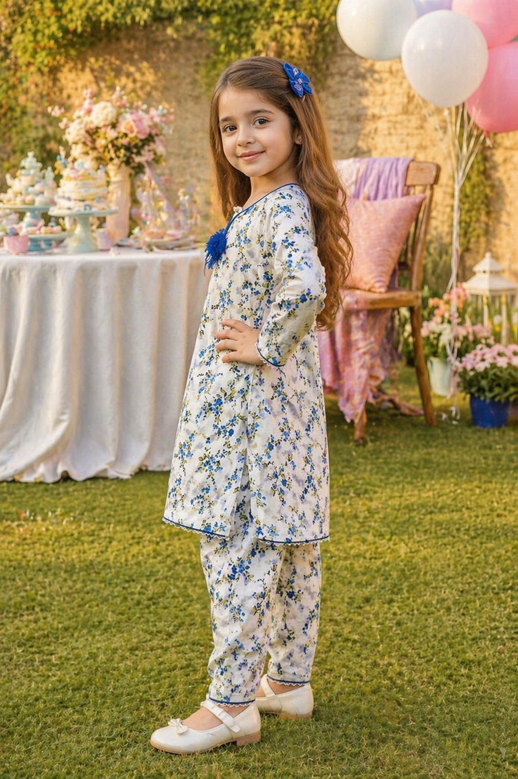 White Floral (2-Pcs) Cotton Suit For Girls