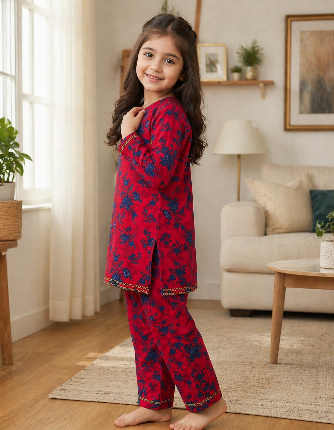 Red Floral (2-Pcs) Cotton Suit For Girls