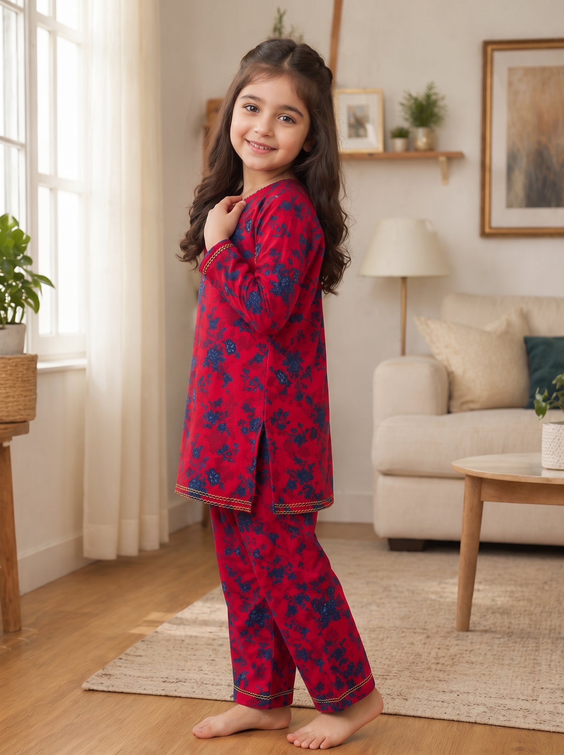 Red Floral (2-Pcs) Cotton Suit For Girls