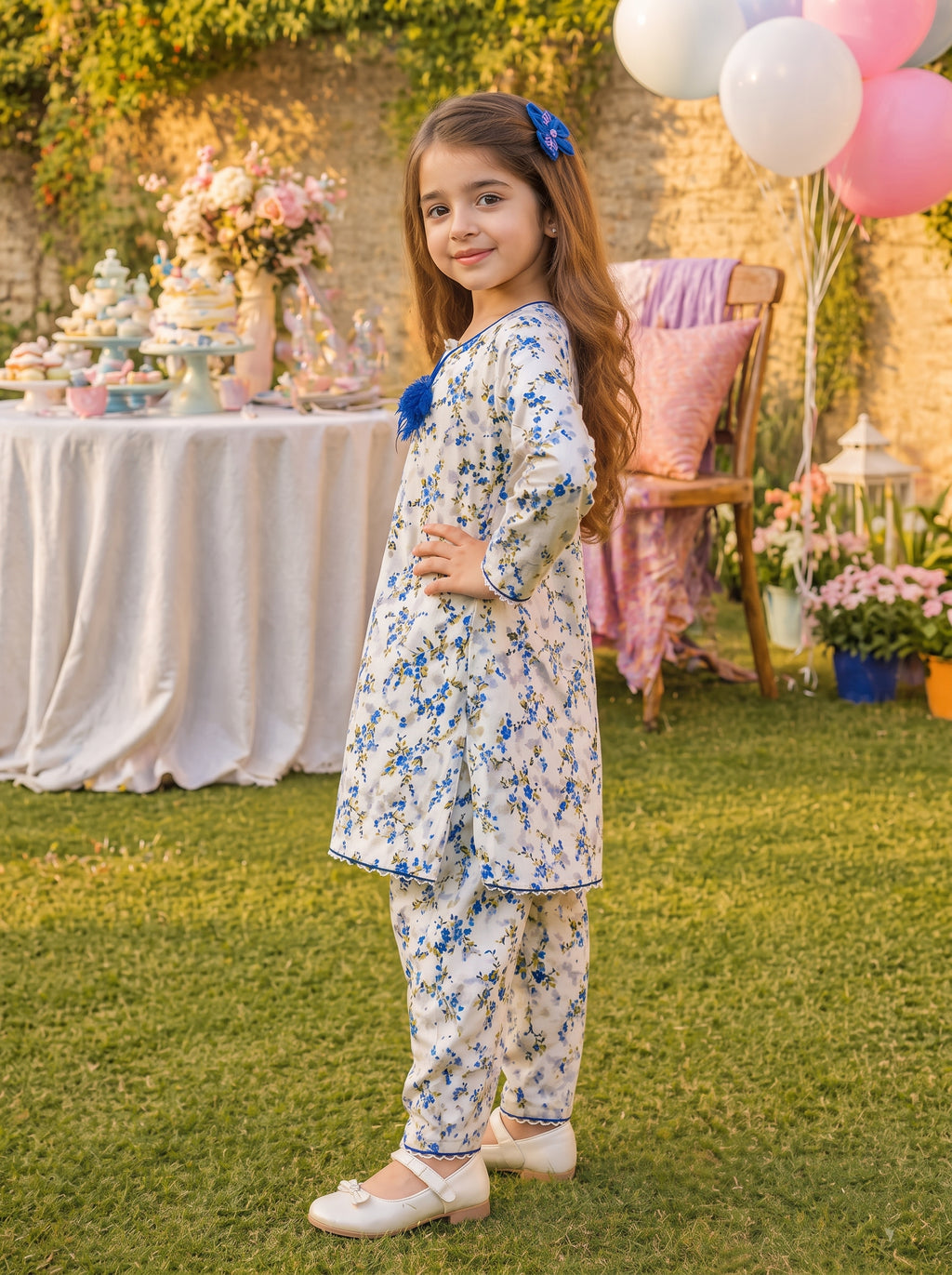White Floral (2-Pcs) Cotton Suit For Girls
