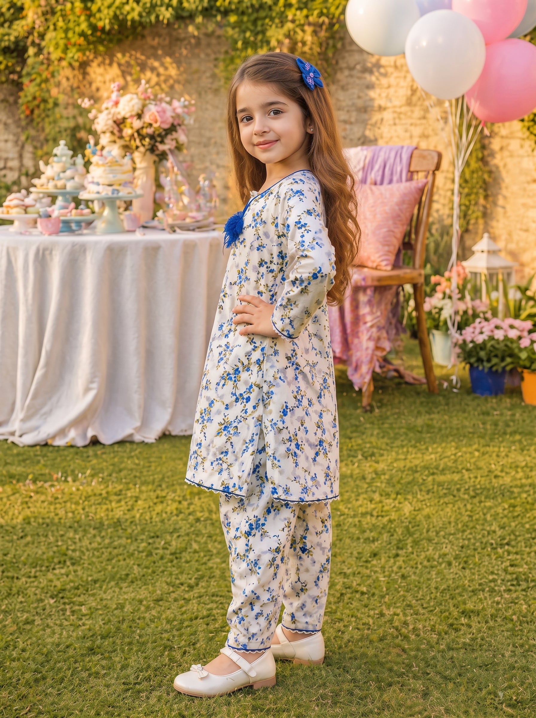 White Floral (2-Pcs) Cotton Suit For Girls